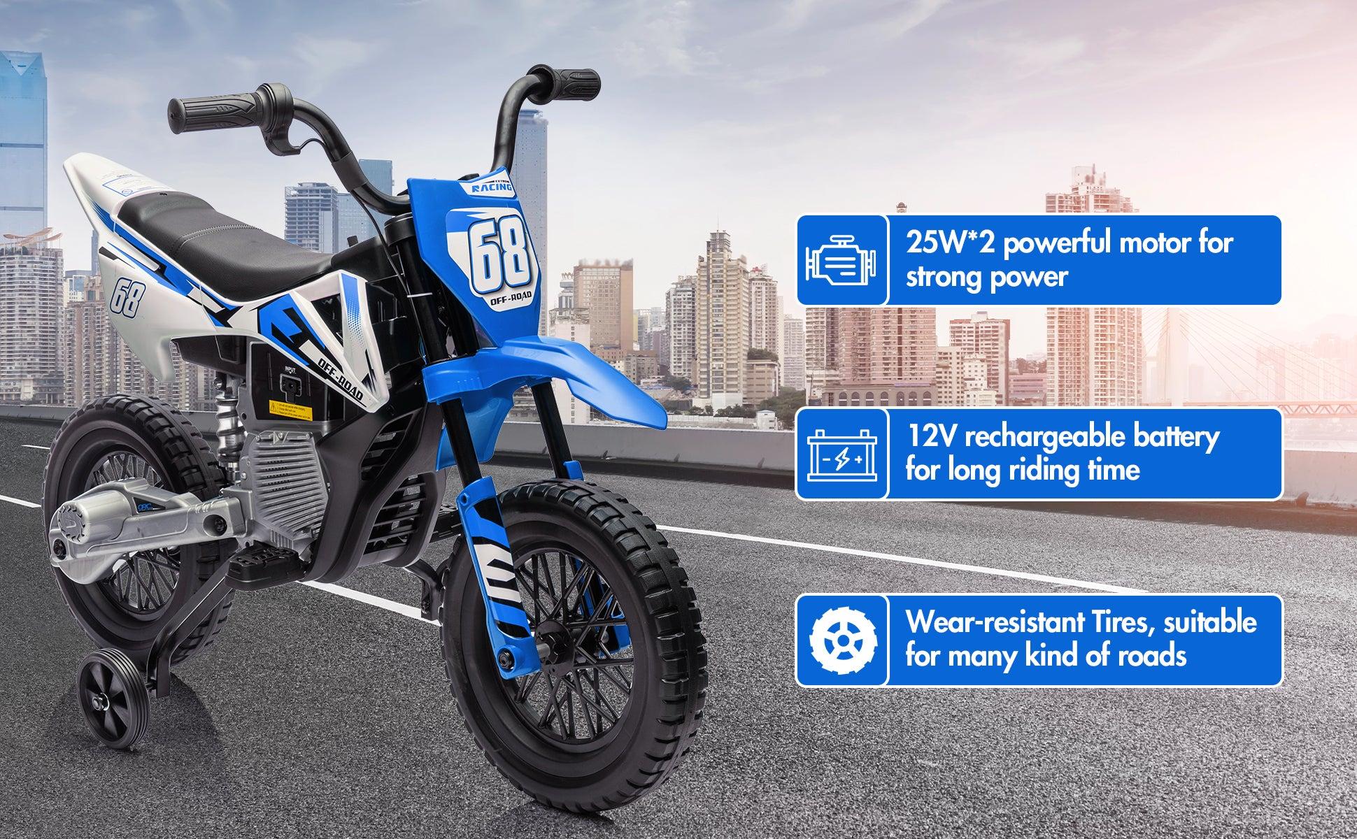 【GARVEE】12V Electric Dirt Bike with Dual 25W Motors, Twist Grip Throttle, Spring Suspension, Training Wheels, and Ride-On Toy in Green, Pink, Blue, and Red Colors