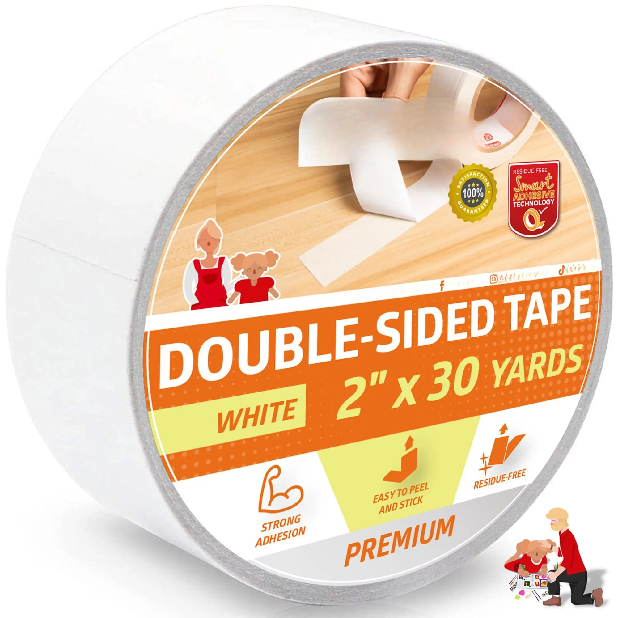 Double Sided Tape  White Removable And Residue-free 2-inch X 30 Yards Surface Safe Two-sided Sticky Adhesive For Wall Floor Clothes Rug Fabric Crafts Scrapbooking