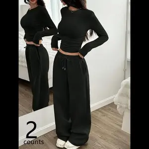 Two-Piece Set Women's Solid Color Regular Fit Round Neck Tee & Sweatpants, Minimalist Casual Stylish Suit For All Seasons, Women Cute Outfits for Outdoors & Daily Wear