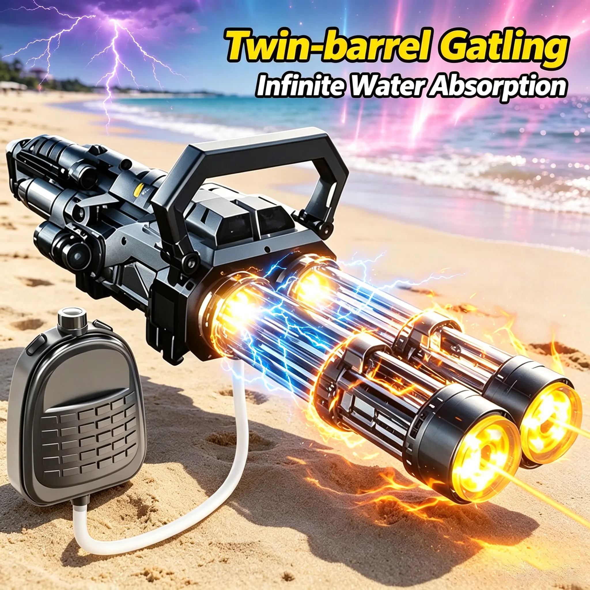 Twin Barrel Gatling Electric Water Gun, Automatic High Power Water Blaster with Backpack Tank & LED Light, Large Capacity Long Range Water Soaker for Summer Pool Beach Water Fight party