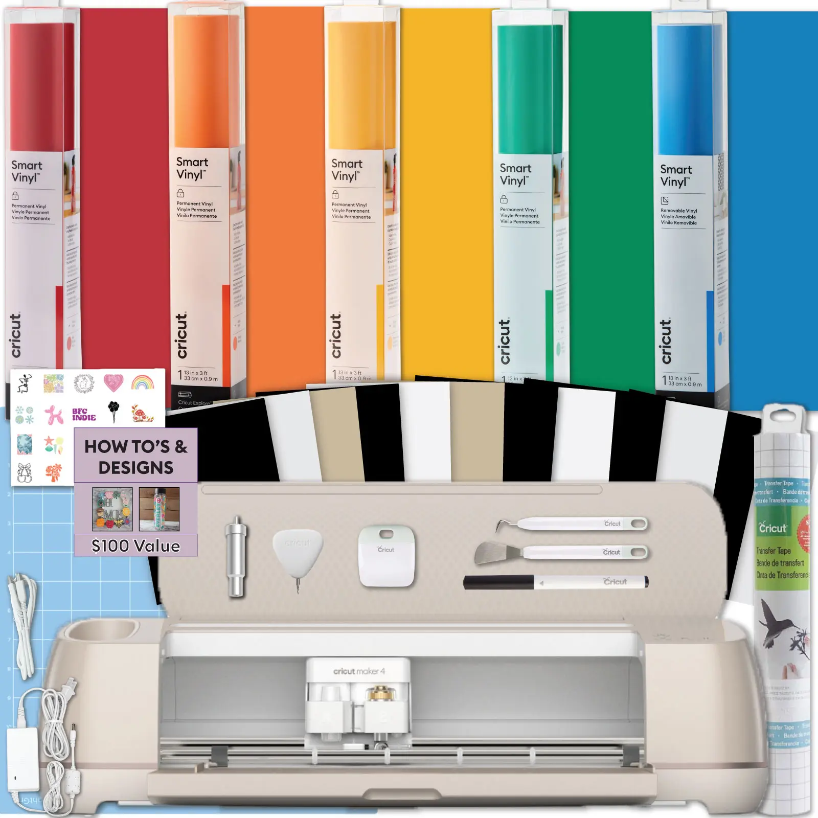 Cricut Maker 4 Cutting Machine with Rainbow Smart Vinyl Bundle - Electronic Craft Die-Cutting Machine with Variety Vinyl, Transfer Tape and Weeding Tools, Beginner Kit, Bluetooth Connectivity