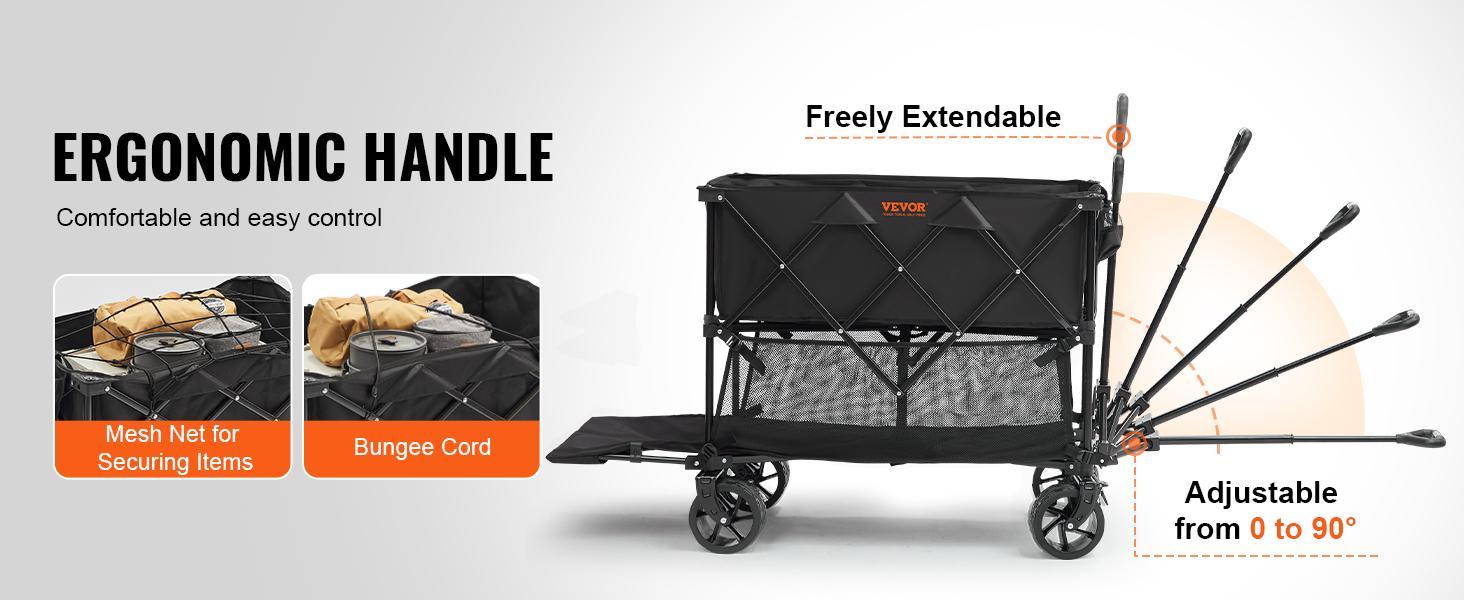 【FathersDayGift】VEVOR Foldable Double Decker Wagon, Collapsible Wagon Cart with All-Terrain Wheels, Heavy Duty Folding Wagon Cart  for Camping, Shopping, Garden, 52" Extra Long Extender