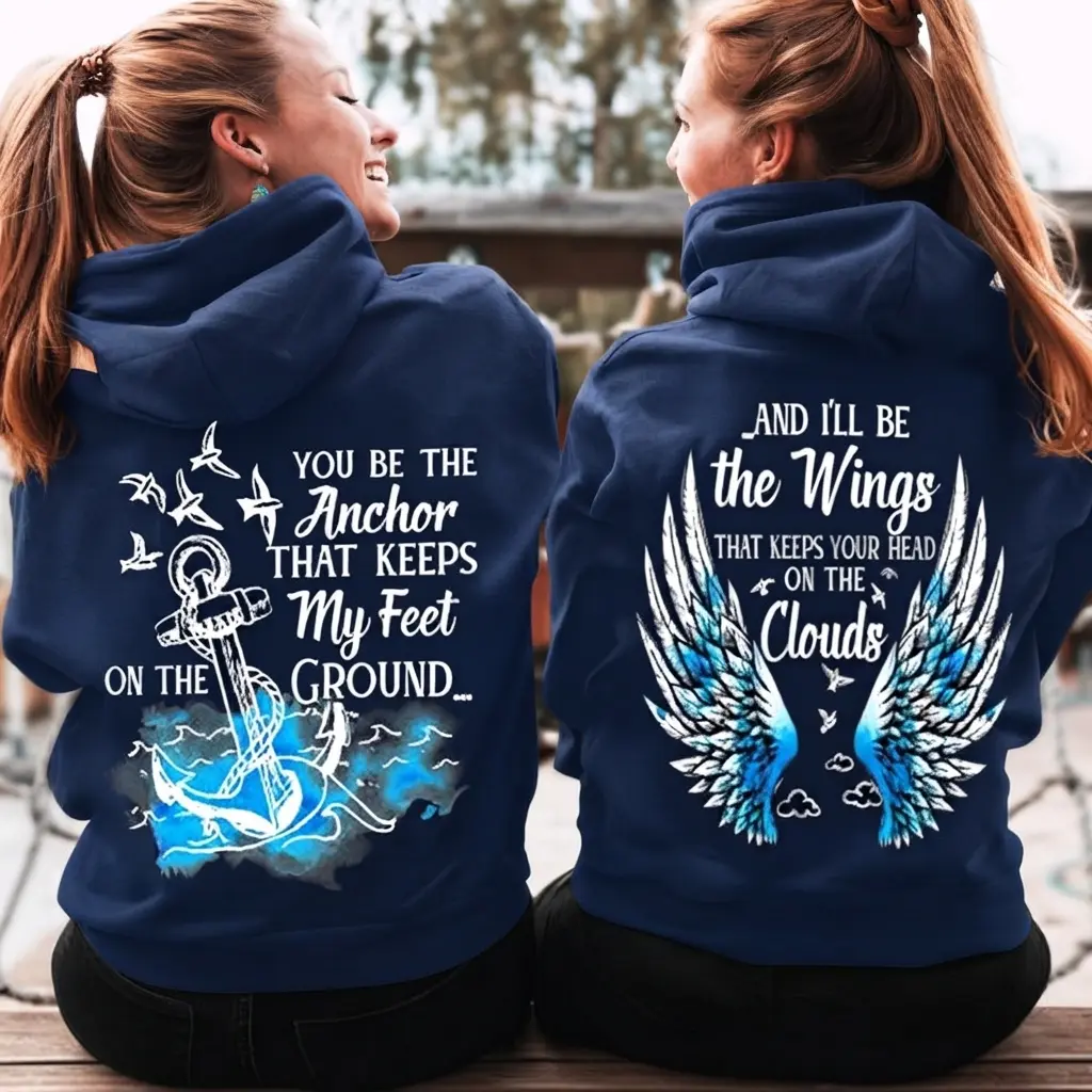 Women's 2-Piece Couples Matching Sweatshirts - Ribbed Loose Fit Cotton Pullover Hoodies with Pocket, "You Be The Anchor That Keeps My Feet On The Ground And I’ll Be The Wings, Love" Yarn Fabric Sets