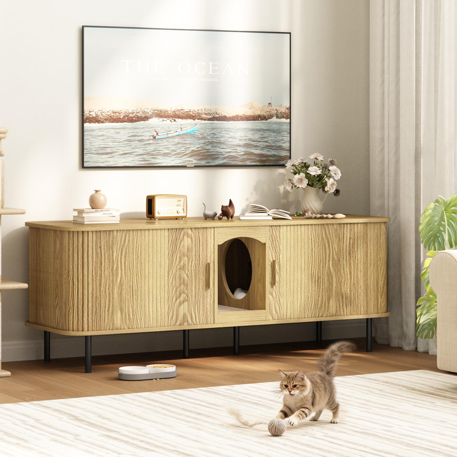 Fluted Hidden Cat Litter Box Enclosure – Modern Wood Furniture with Scratching Pad, Large Indoor Cat House Cabinet Side/End Table for Living Room & Entryway Fluted Hidden Cat Litter Box Enclosure – Modern Wood Furniture with Scratching Pad, Large Indoor Cat House Cabinet Side/End Table for Living Room & Entryway