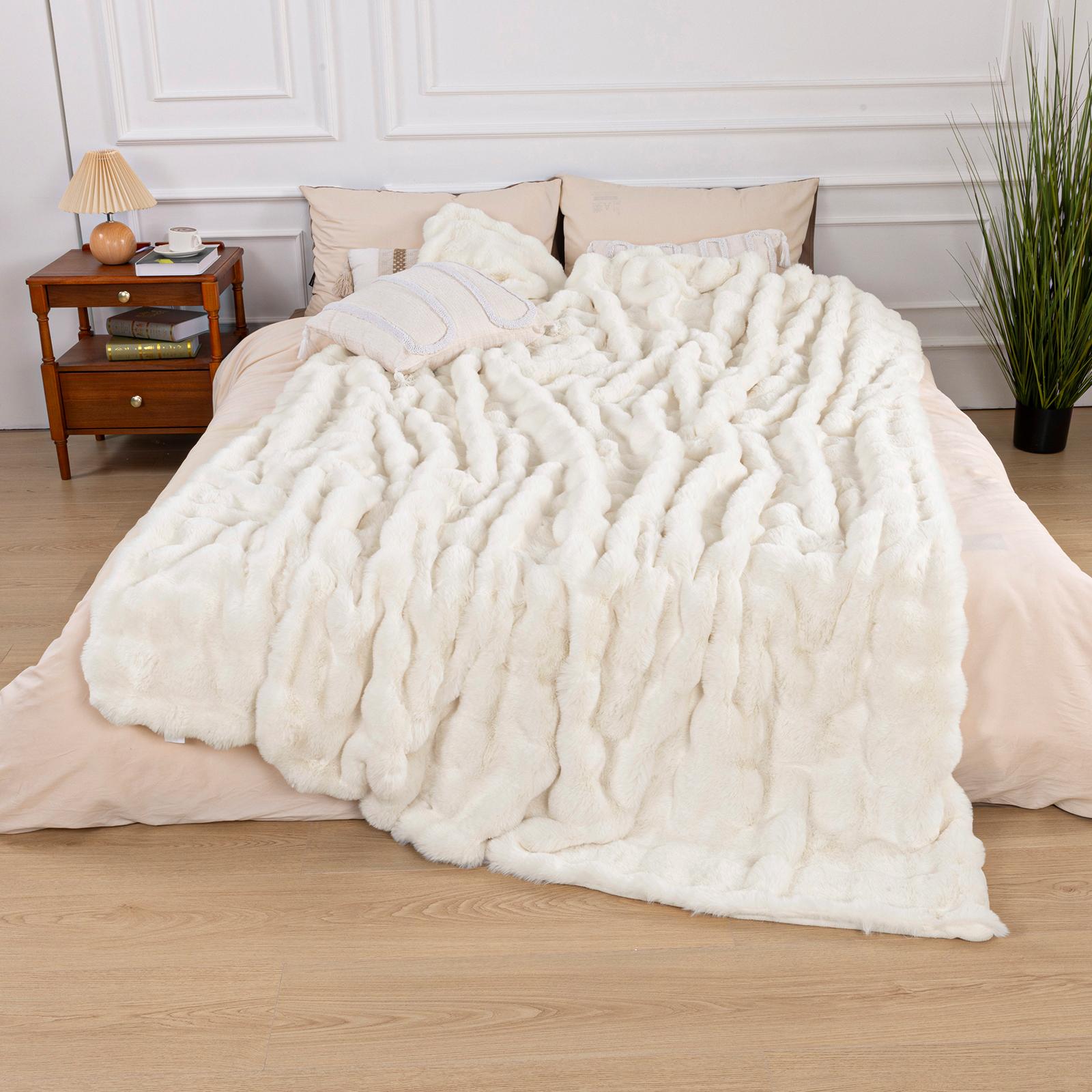 【TikTokShopHolidayHaul】LOKHOM Faux Rabbit Fur Blanket-Pillow not included- Bubble Blanket-Luxury Plush Velvet Throw, Ultra-Soft Fleece, Warm Cozy Winter Blanket for Couch-Elegant, Bed, Sofa, Lightweight, solid color comfy blanket, family gift