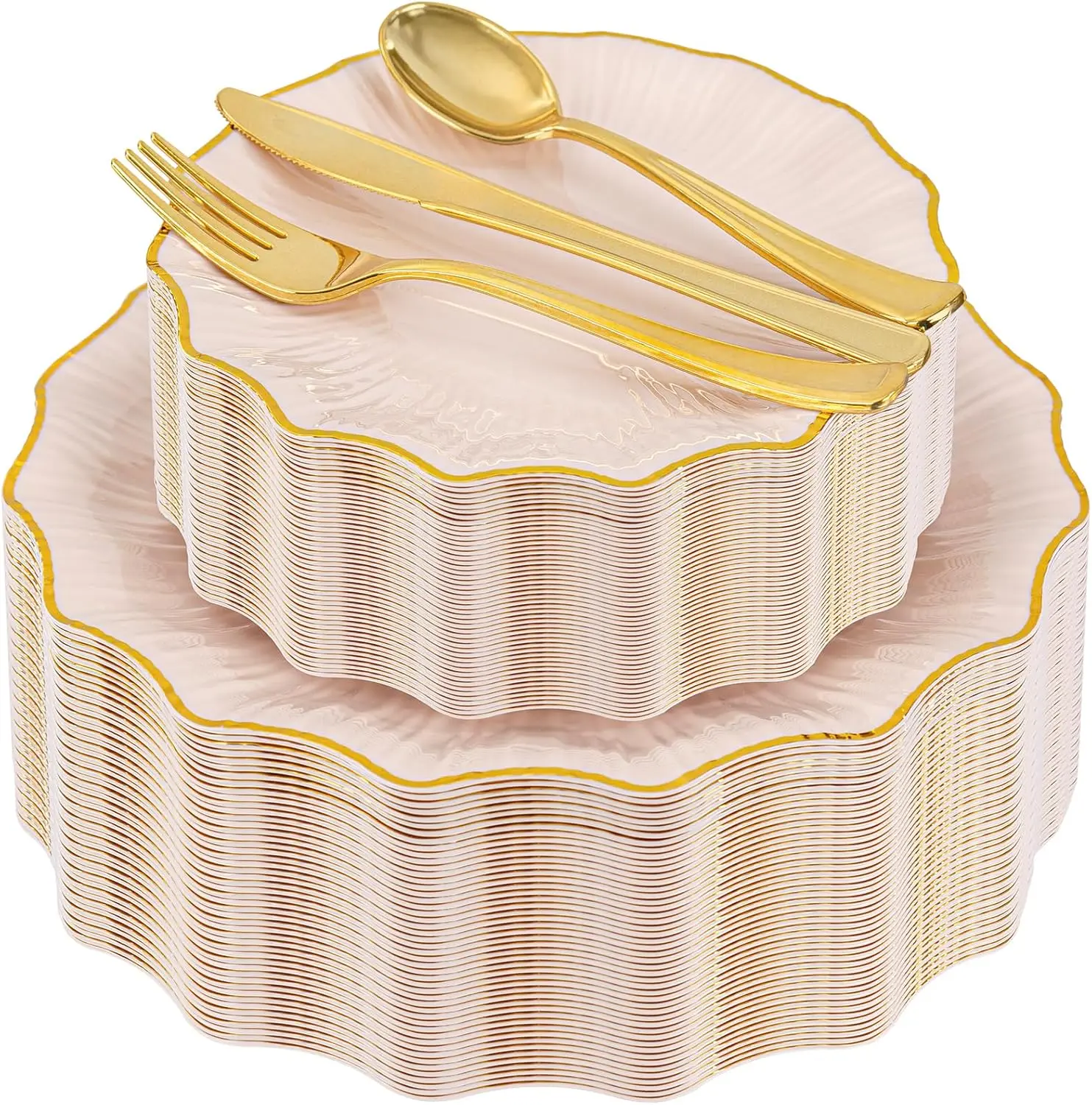 150PCS Pink Gold Party Tableware Set - Heavy-Duty Disposable Kit with Dinner Plates, Dessert Plates, Gold Plastic Silverware for Wedding, Casual & Portable Disposable Tableware Supplies (30 Each)