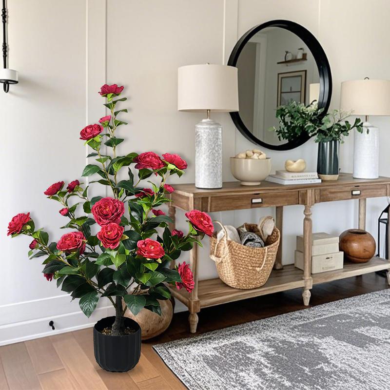 2 Pcs 3-foot Camellia Tree with Decorative Pebbles, Flower Pot, 24 Realistic Flowers, 188 Leaves for Indoor, outdoor courtyard Home Decor