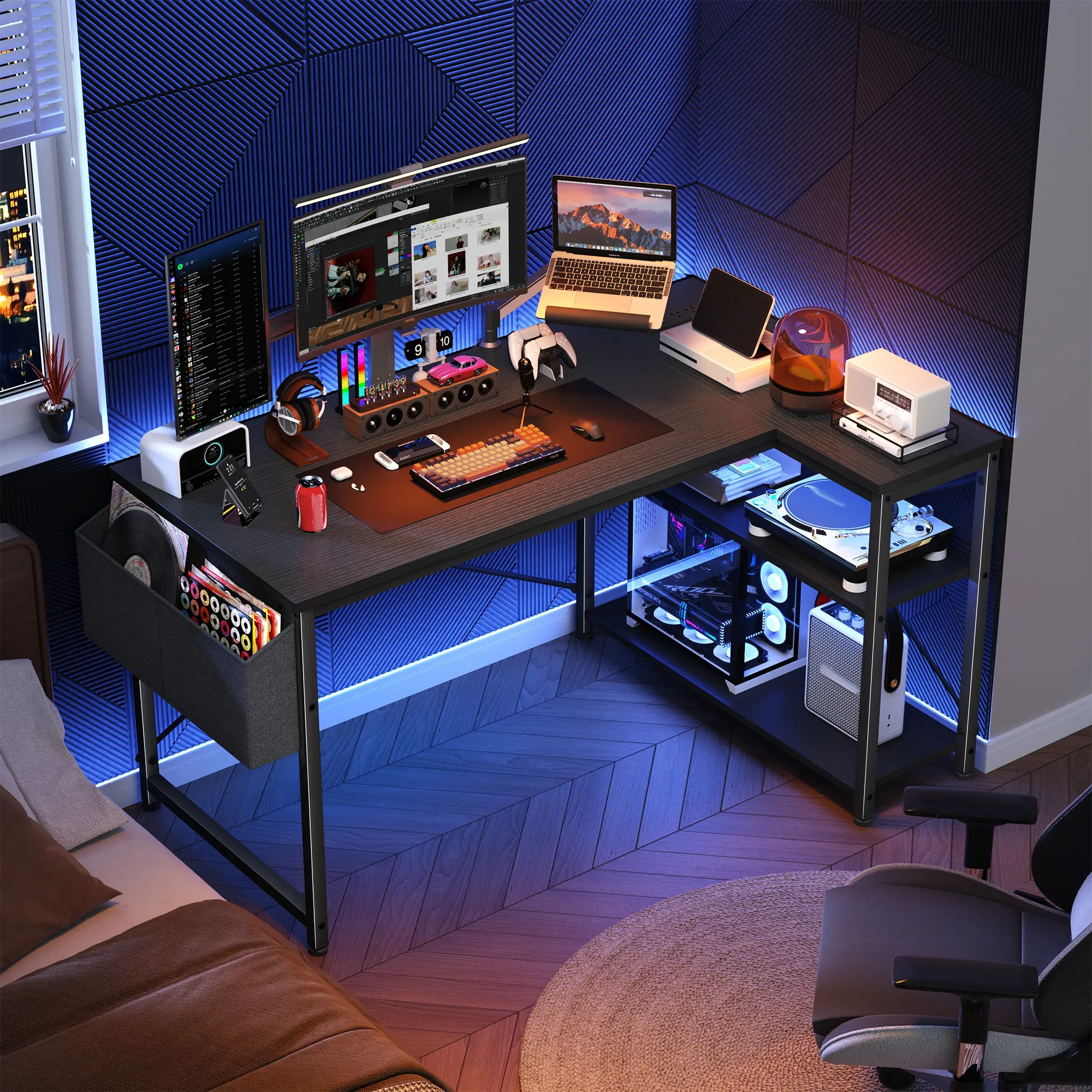 【Back to School】Summer Desktop Air Conditioner, 39" L Shaped Gaming Desk Born for Dorm & Apartments, Sturdy Computer Desktop with Power Outlets,Reversible Corner Table, Side Shelves & File Pocket for Home Office Use,Study desk for teenagers,Gaming Setup