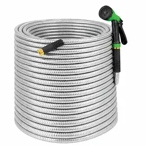 Garvee 150FT Heavy Duty Stainless Steel Garden Hose – Flexible, Kink-Free Metal Water Hose with 10-Function Leak-Proof Spray Nozzle, Sturdy Brass 3/4'' Connectors – 150FT – US Standard
