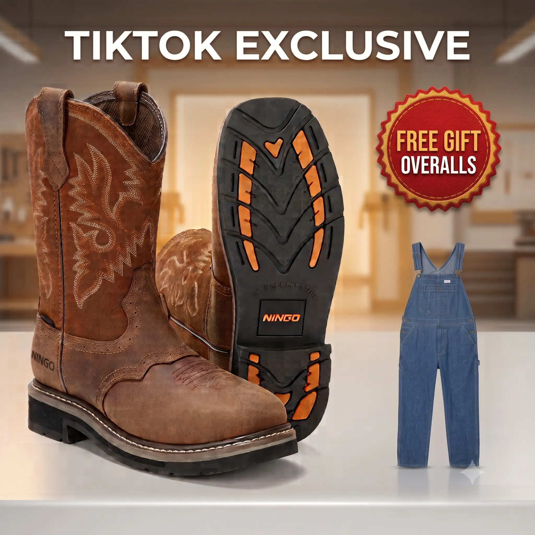 NINGO 2026 Upgraded Men's Waterproof Steel Toe Cowboy Boots - Slip-Resistant Steel Toe Shoes for Construction, Riding Work