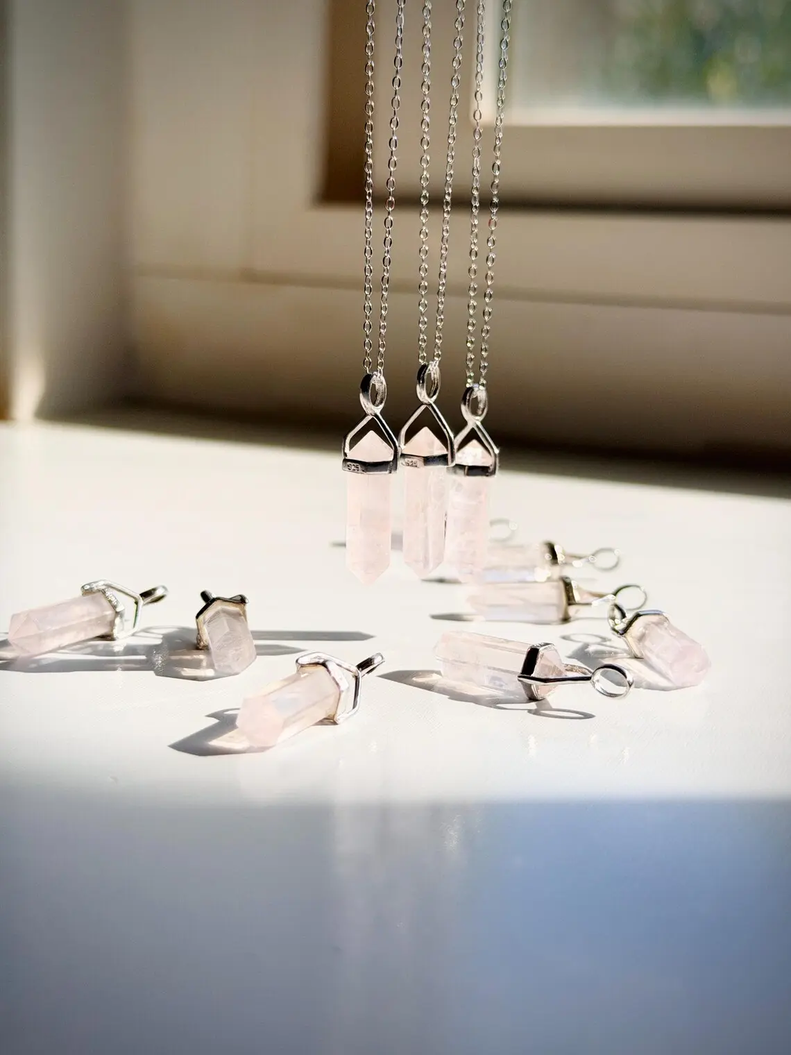 Dainty Pink Rose Quartz Crystal Point Pendant Necklaces - 2cm pendant on 18" Sterling Silver Chain