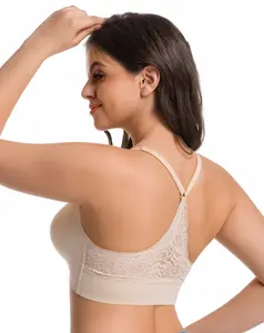 Lusait Women's Seamless Wireless Lace Bra Triangle Back Soft Jelly Bra Pullover Bra Seamless Wireless Lace Racerback Bralette Buttery Soft Comfort