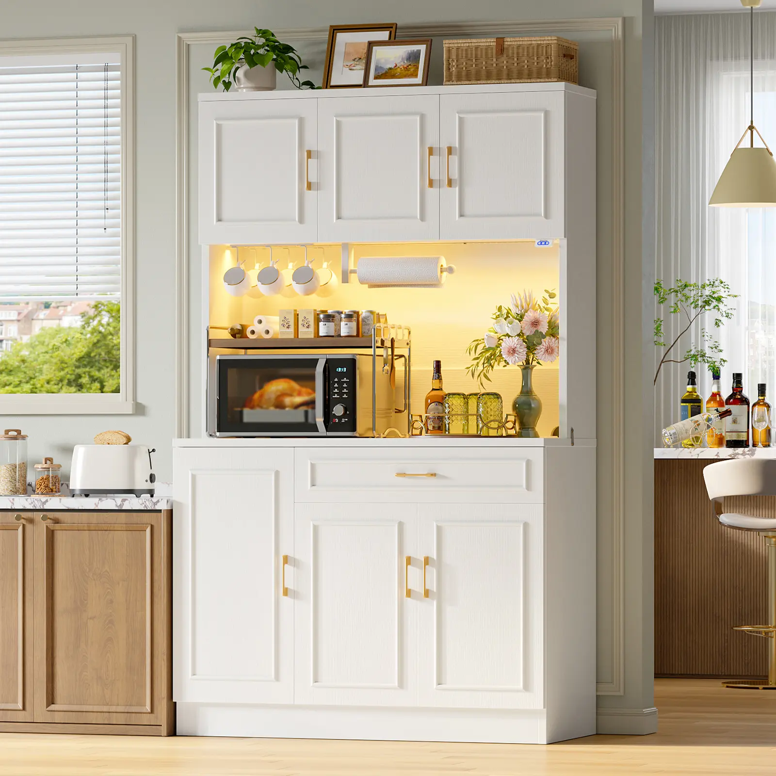 Bestier 71" Freestanding Wood Modern Storage Cupboard - Safe Kitchen Household Products, Large Organizer Shelf Floor Cabinets with LED Lights, Charging Station, Adjustable Shelves, Hooks, Towel Bar for Kitchen, Dining Room
