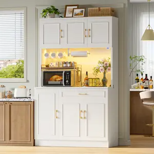 Bestier 71" Kitchen Pantry Cabinet with LED Lights & Charging Station, Freestanding Buffet Hutch with Adjustable Shelves, Hooks & Paper Towel Holder for Kitchen Dining Room