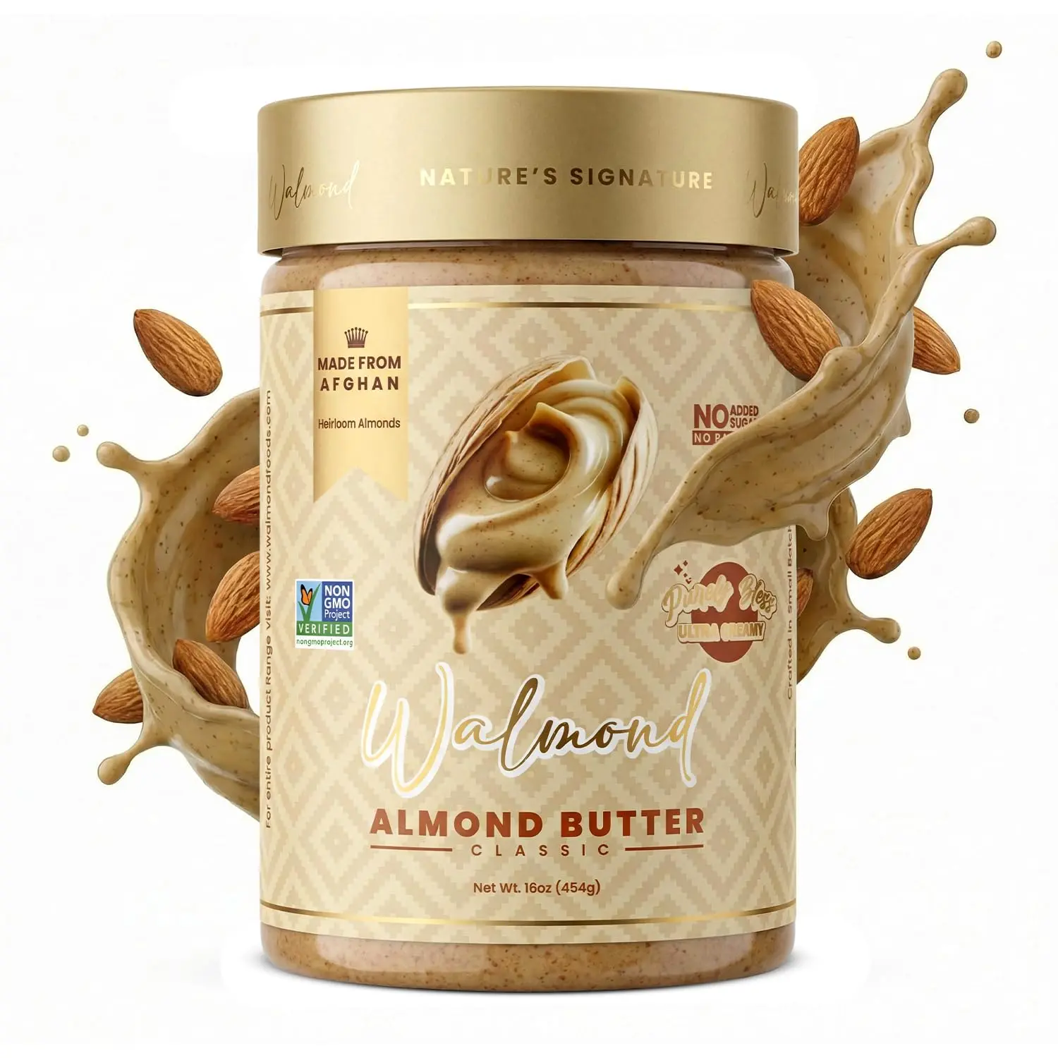 WALMOND Classic Almond Butter (16oz) - Afghan Heirloom Almonds, Certified Organic, Natural Flavor, No Added Sugar, Palm Oil, Salt or Artificial Ingredients, Non-GMO Verified, Halal Certified, Keto, Paleo, Vegan, Gluten-Free Pantry Nut Spread, Oatmeal, Smo