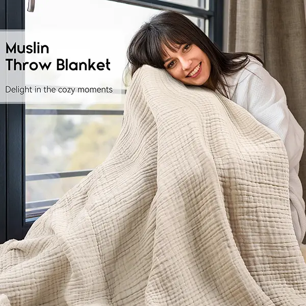 Yoofoss Muslin Blanket 100% Cotton Cooling Throw Blanket Large 60" x 80" for Bed Couch 6-Layer Gauze Blanket for Adults Sofa Cozy and Breathable Apricot White