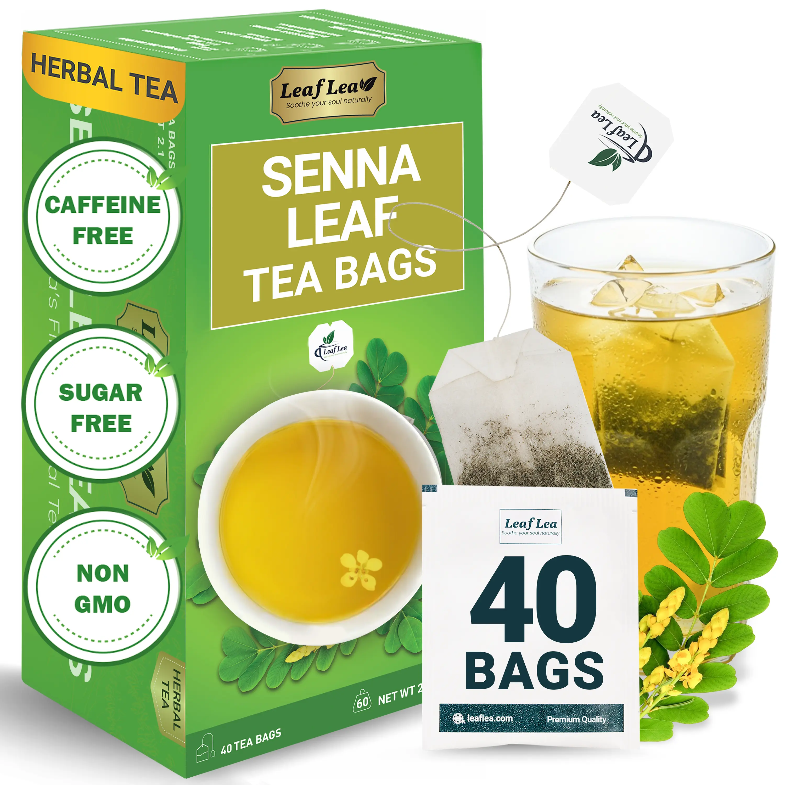 LeafLea Senna Tea Bags – 100% Pure Senna Leaves, Herbal Laxative Tea for Gentle Constipation Relief, Caffeine-Free, Sugar-Free, Gluten-Free, Non-GMO, Vegan, Supports Digestive Health