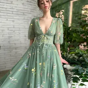 YLYL European and American evening dress, green tulle ball gown, puff sleeves, V-neck, flower, floor-length, V-neck, sexy long dress wedding guest dresses Floral Formal Womenswear Elegance Embroidery Fairy Skirt Sheer Outdoor Spring