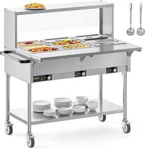 ROVSUN Electric Commercial Food Warmer, Steam Table 8QT/Pan Stainless Steel Bain Marie w/Overshelf Undershelf Separate Temperature Control & Lid Acrylic Shield for Buffet Restaurant 1500W