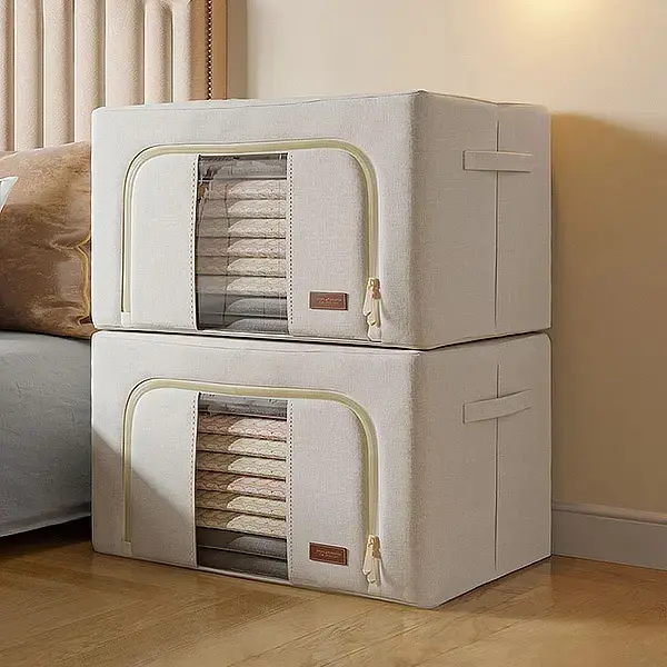 2 Pack Foldable Storage Bins, Metal Frame Organizer Boxes with Clear Window & Carry Handles for Home, Closet & Camping