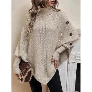 Turtleneck Batwing Sleeve Button Detail Cable Knit Poncho,Long Sleeve Tops Knit Pullover Fall Winter Outfit