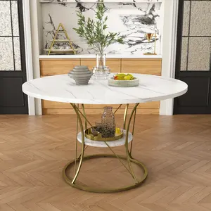 43 inch Round Extendable Dining Table for 4-6, Farmhouse Kitchen Table with Storage Shelf & Gold Metal Base, Marble Veneer Table from 43 to 59 inch, Large Round Table for Home (No Chairs)