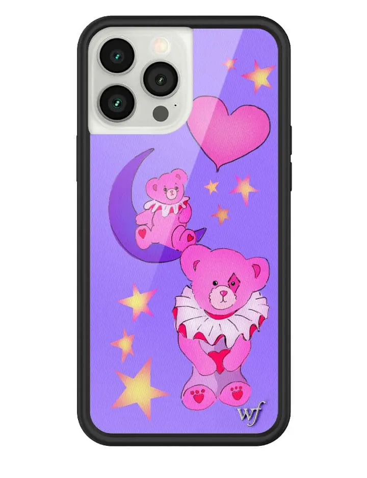 Circus Bears | Limited Edition Trendy iPhone Case | Raised Protective Black Bumper | Women Owned Small Business | Light Purple Background Shiny Yellow Stars Bright Pink Hearts and Circus Bears | Safety Casing Protective | Gift for Her