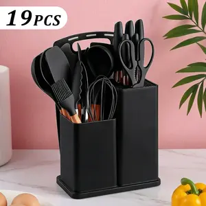 19-Piece Kitchen Knife Set (Including Heat-Resistant Silicone Cutlery and Equipped with Wooden Handles)It contains 1 chef's knife and knives compatible with non-stick cookware, and is an ideal gift for relatives and friends during New Year, White Pink