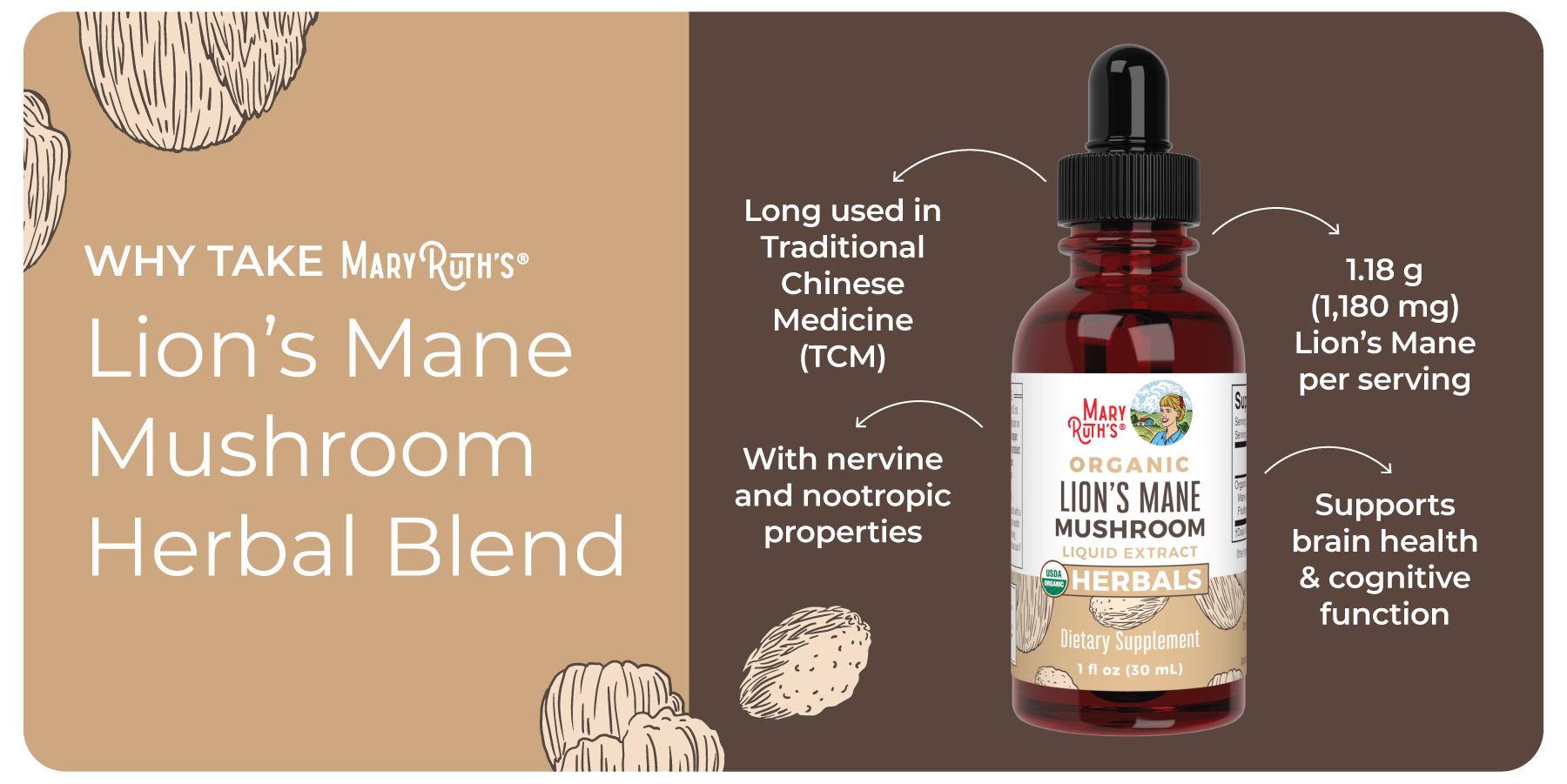 MaryRuth's Organic Lion's Mane Mushroom Liquid Drops - Up to 2 Month Supply - Nootropic - Brain Health - Non-GMO - Alcohol Free Tincture - 1 Fl Oz MaryRuth's Organic Lion's Mane Mushroom Liquid Drops - Up to 2 Month Supply - Nootropic - Brain Health - Non-GMO - Alcohol Free Tincture - 1 Fl Oz
