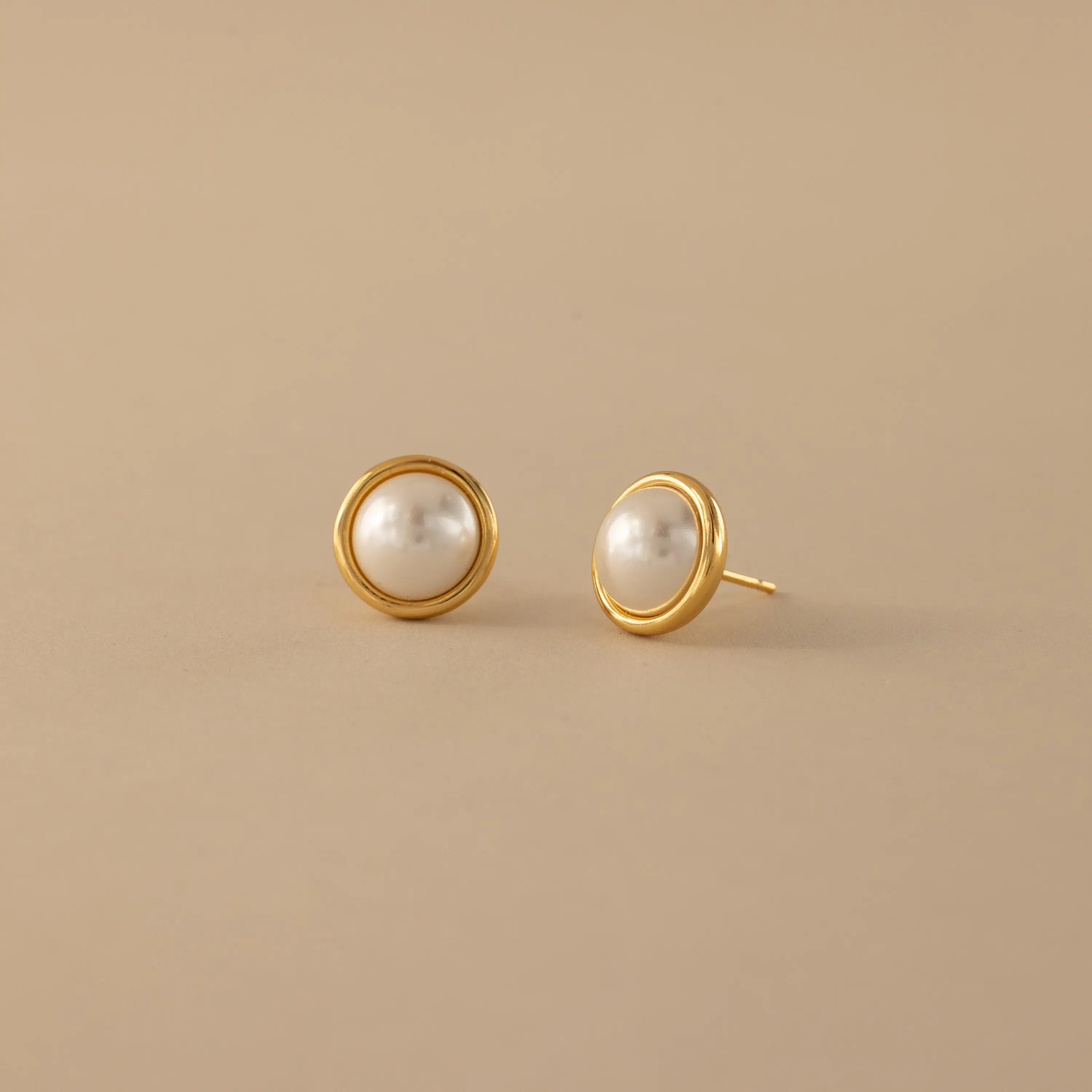Pearl Bezel Studs by Caitlyn Minimalist - Round Pearl Stud Earrings - Minimalist Bridal Earrings - Wedding Jewelry - Gift for Her