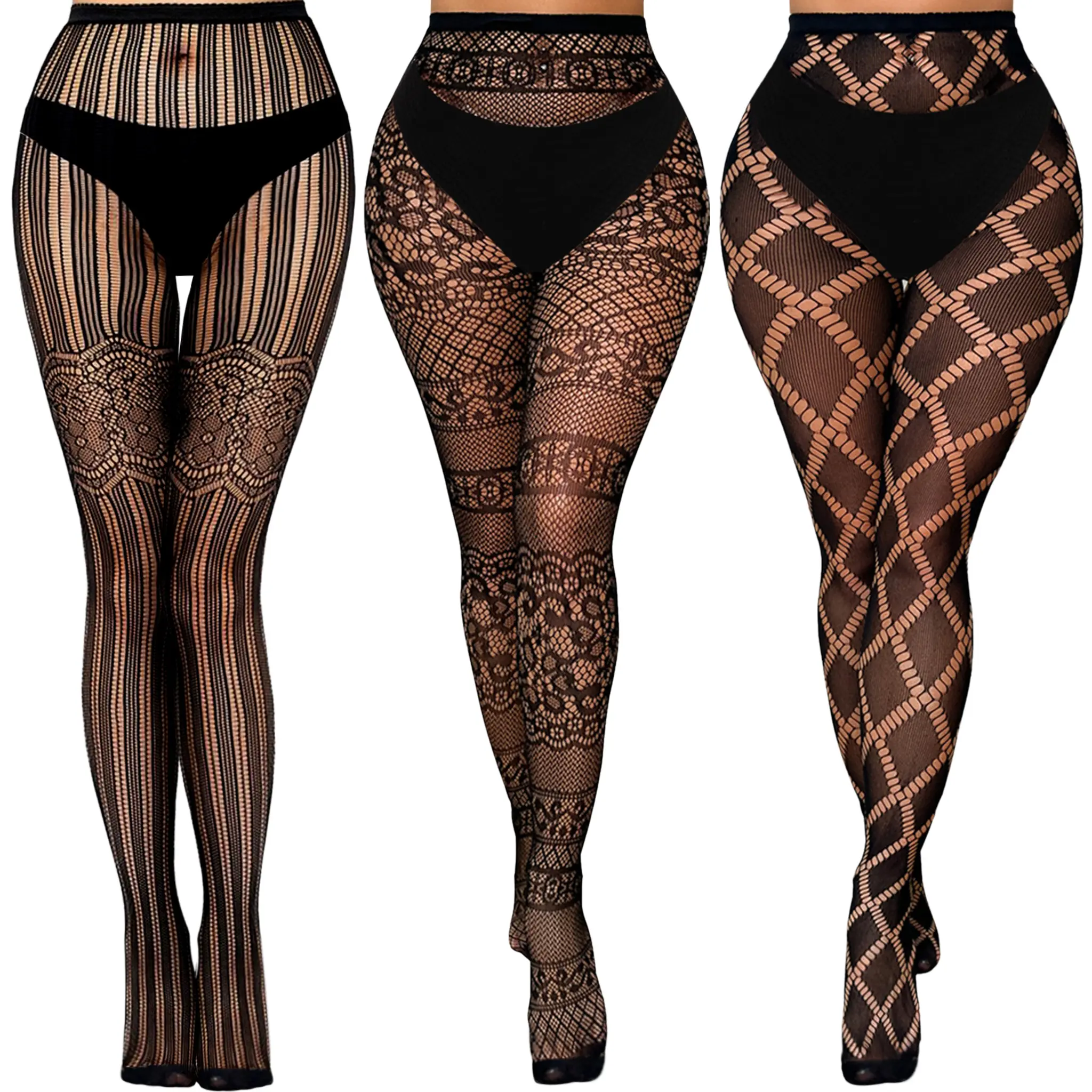 Black striped/checkered mesh pantyhose, one size, 3 pcs Curvy Tights