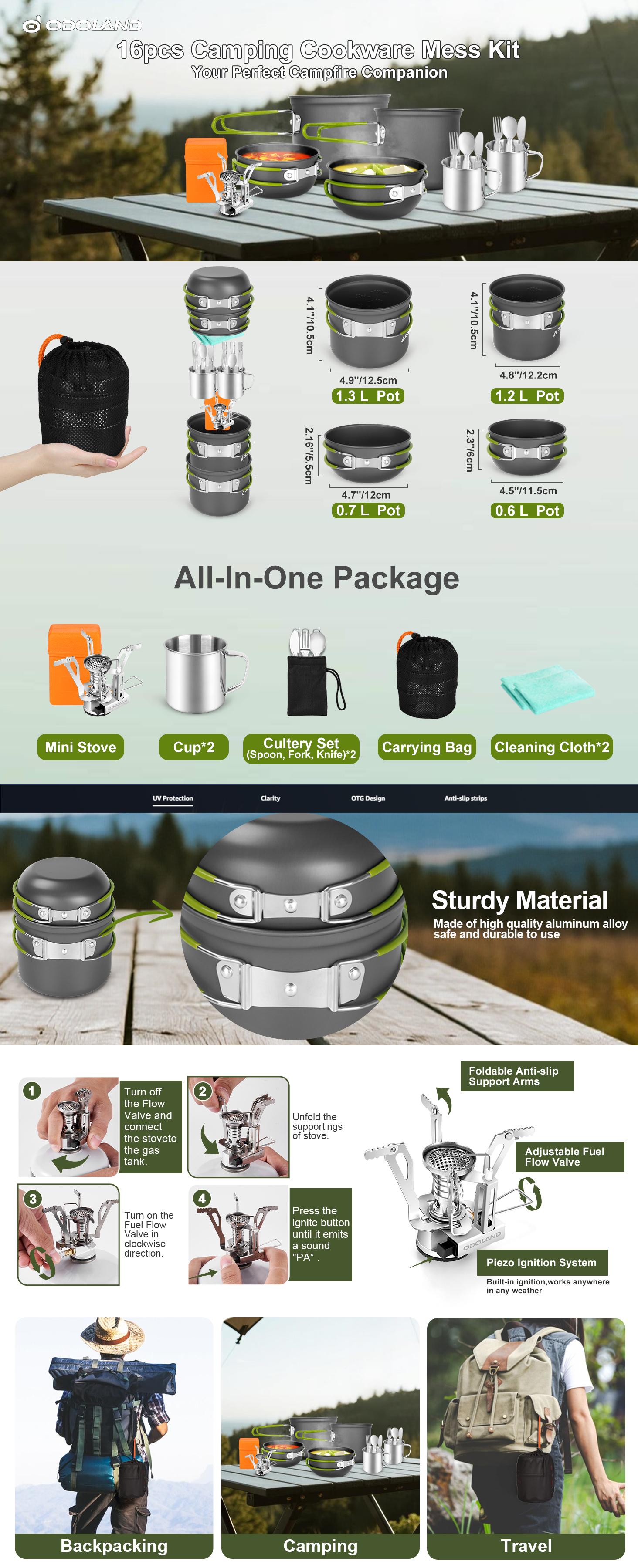 Odoland 16pcs Camping Cookware Mess Kit, Lightweight Pot Pan Mini Stove with 2 Cups, Fork Spoon Kits for Backpacking, Outdoor Camping Hiking and Picnic