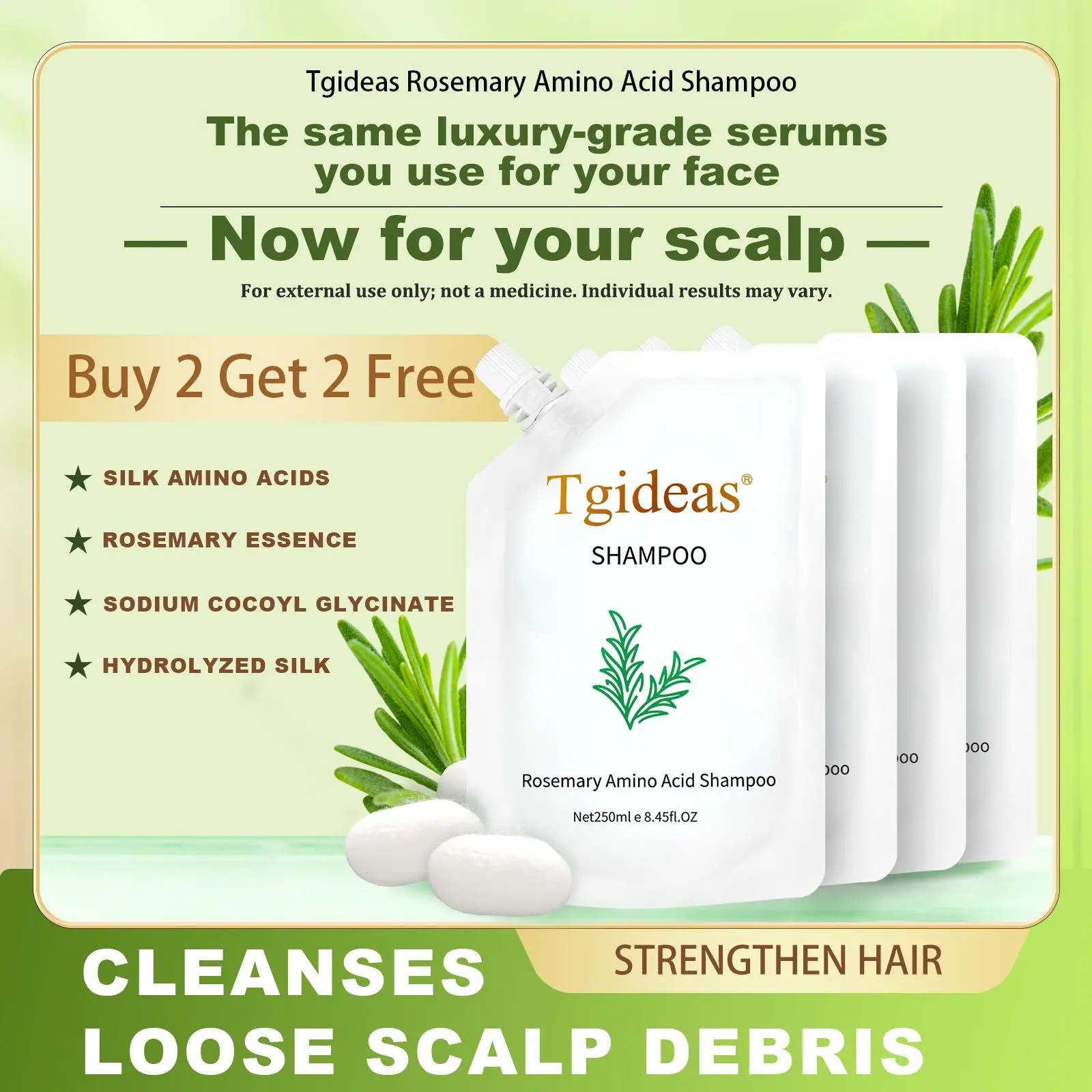 【 Buy 2-Get 2 Free!】Tgideas Rosemary Amino Acid Shampoo 250ML Buy 2 Get 2 Free Anti-Hair Fall Treatment with Silk Amino Acids & Hydrolyzed Protein for Hair Growth and Scalp Cleansing #SummerWins #DealsForYouDays