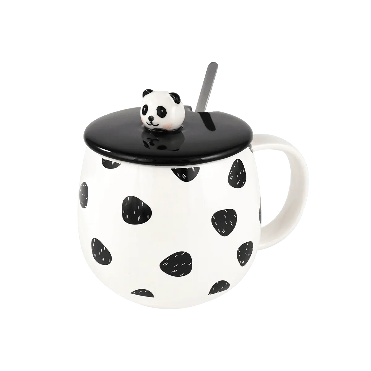 Cute Panda Ceramic Mug with Lid and Spoon - "Black & White" Coffee Cup, 12oz, Adorable Gift for Animal Lovers