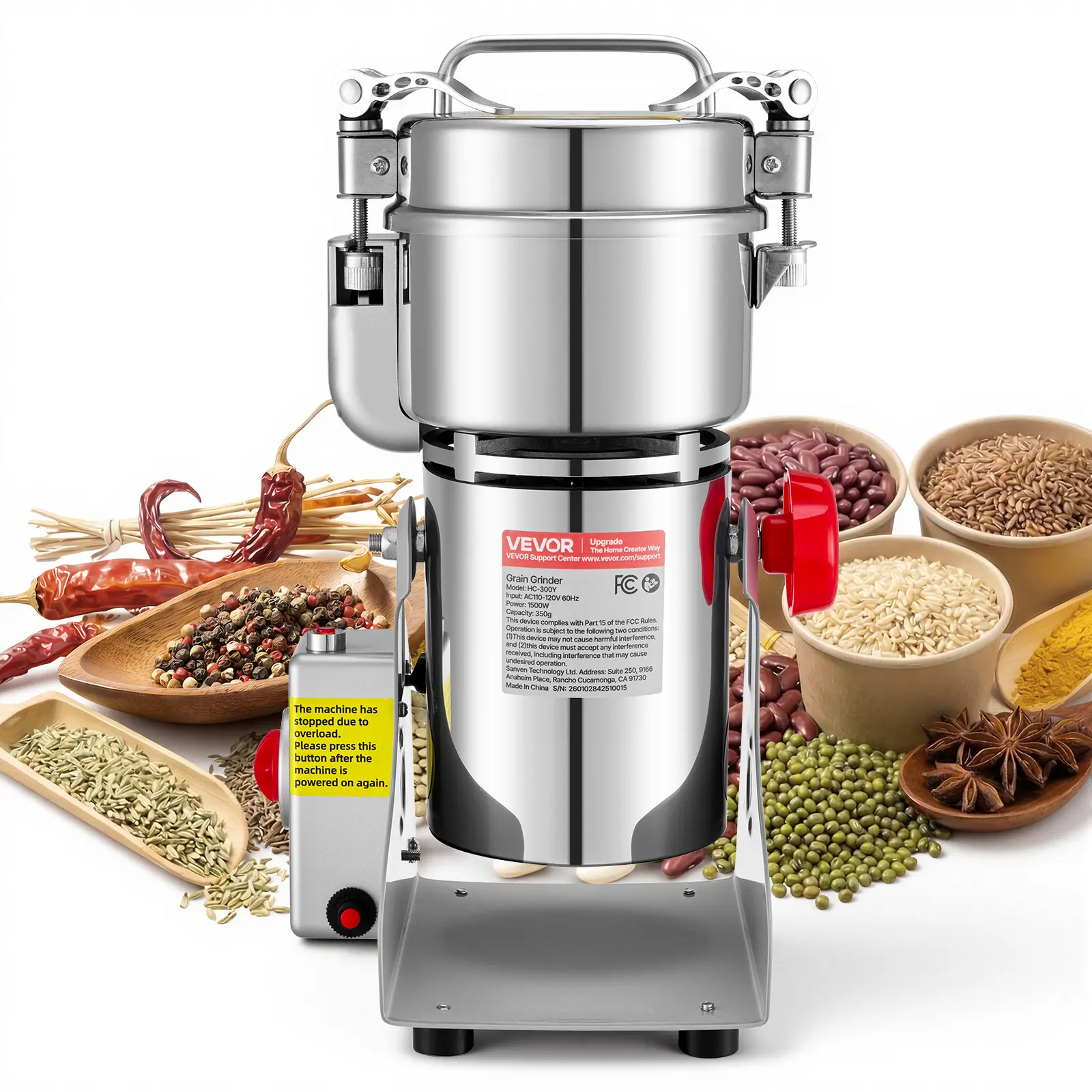 【Summerfinds】VEVOR 300g Electric Grain Mill Grinder, 1500W 28000RPM High Speed Spice Corn Dry Grinding Machine, Stainless Steel Pulverizer Powder Machine for Dried Grains Coffee Beans Spices Nuts (270° Swing Type)