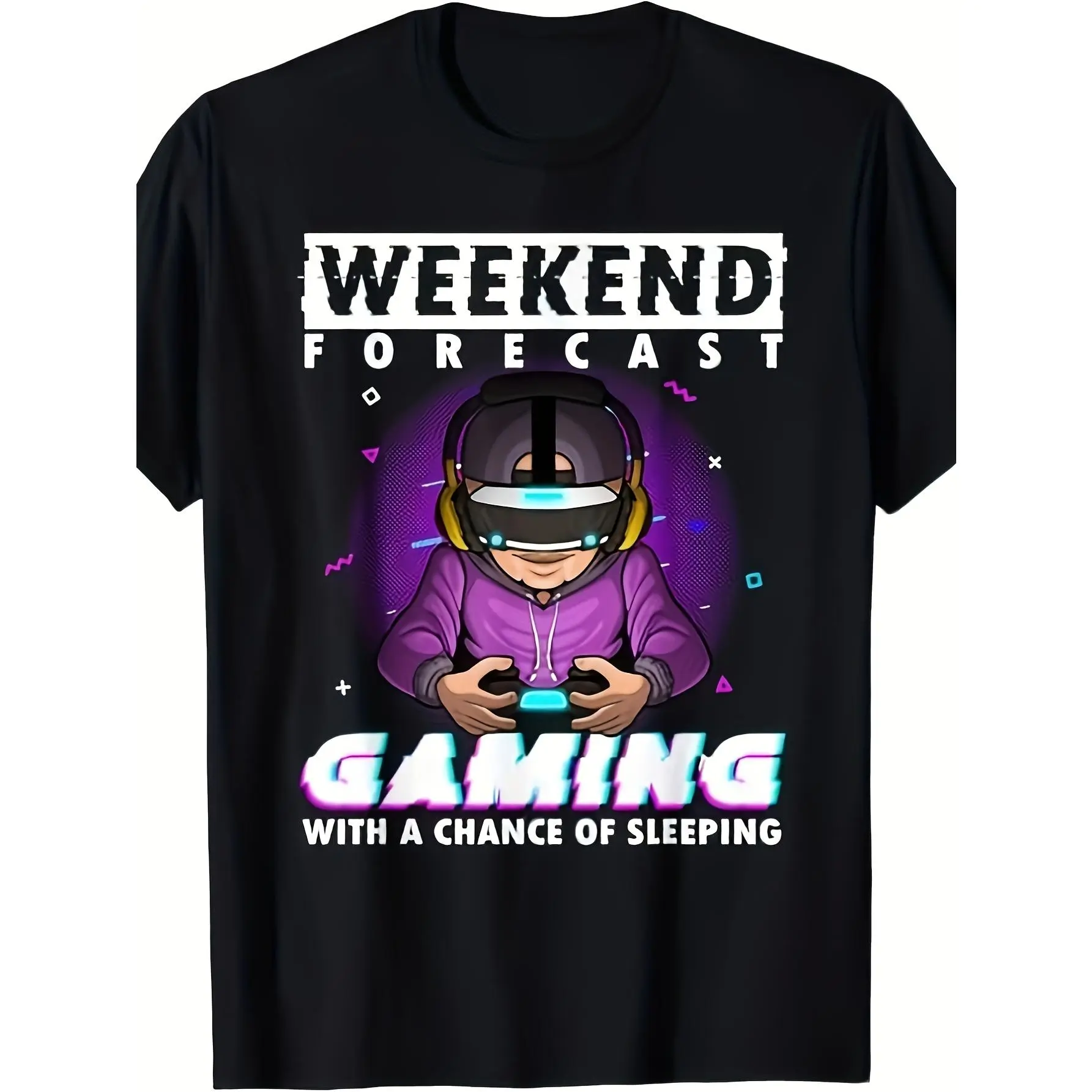 Men's Gaming Graphic T-Shirt - Weekend Forecast with Gaming Text & Controller Design - Black with Neon Purple/Blue Accents - Casual Gamer Shirt for Esports, Parties, Casual Attire - Soft Breathable Fabric - Perfect Gift for Gamers - Machine Washable - All