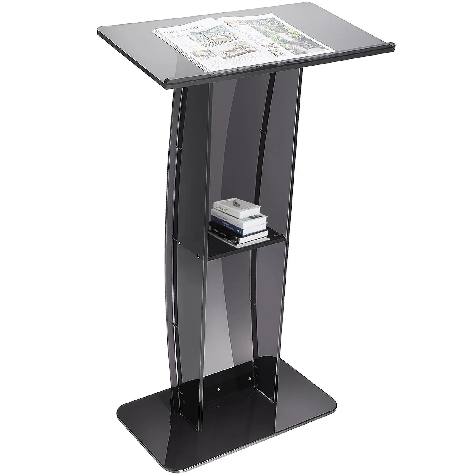 【FathersDayGift】VEVOR Acrylic Podium,  , 47" Acrylic Podium Stand with Wide Reading Surface & Storage Shelf, Floor-standing Clear Pulpits Acrylic for Church Office School, Black