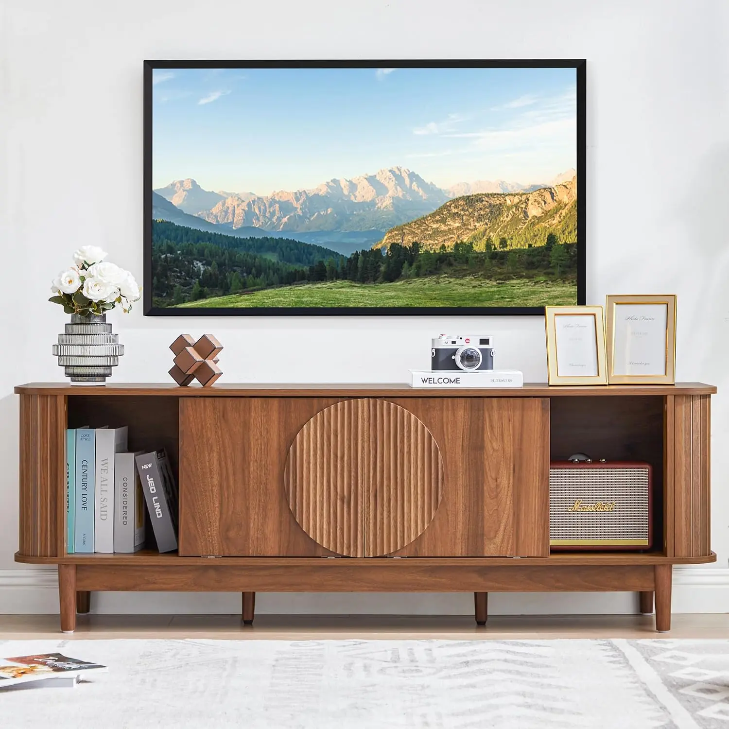 FurSch 60" Mid-Century Modern TV Stand, Wooden Media Console with Sliding Fluted Doors for TVs up to 70"