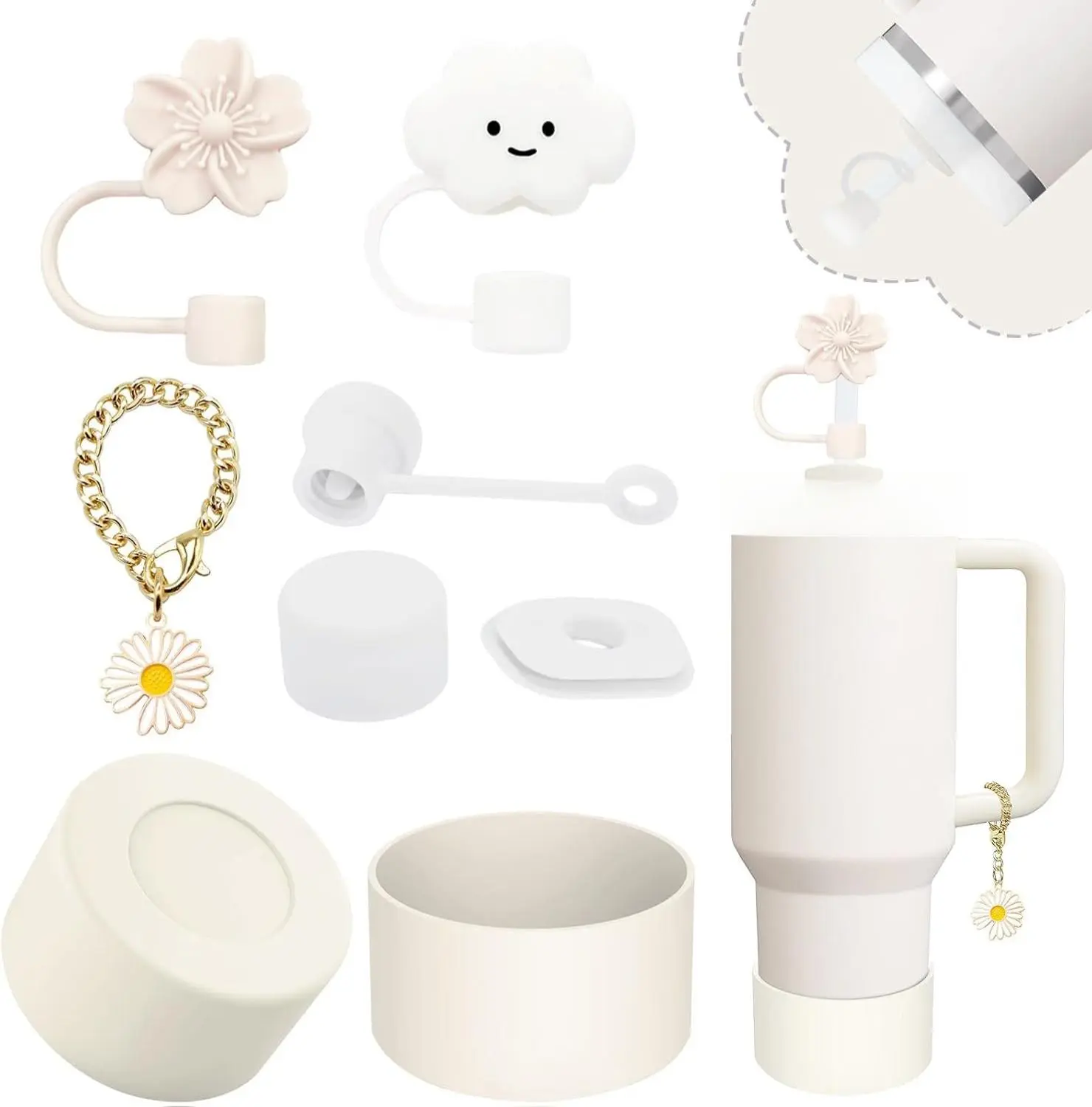 Vikgle Stanley Cup Accessories Set Cream Includes 2 Straw Covers 1 Spill Proof Stopper 1 Flower Charm & Boot for 40&30 Oz Tumblers