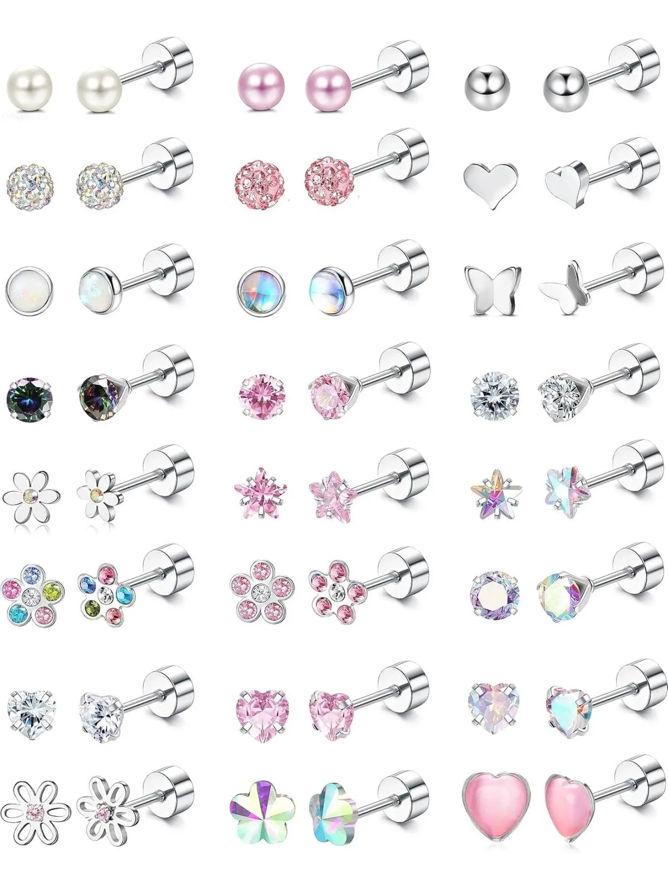24 Pairs Hypoallergenic Earrings, Cute Screw Back Earrings, Post Earrings for Kids & Women (Age: Over 3 Years Old), 4mm Tiny Stud Earring Set, Fashion Jewelry, Casual Earrings Set