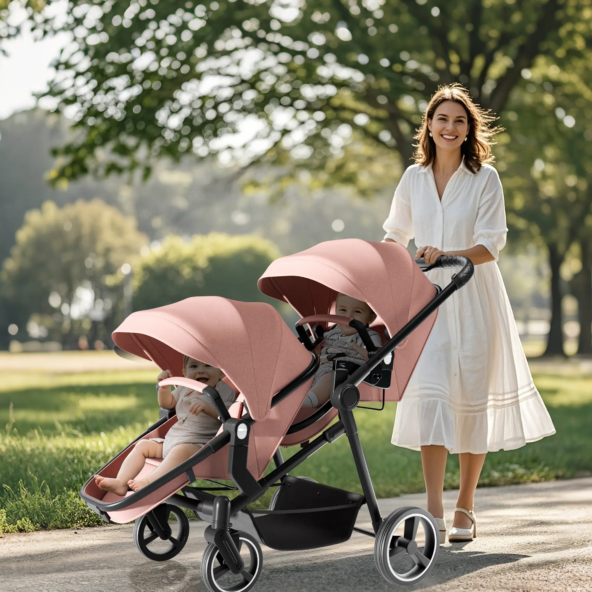 Scabine 2-in-1 Twin Baby Stroller for Newborn & Toddler, Convertible Double Bassinet Pram with PU Wheels, Shock Absorption, Reversible Seats, Adjustable Canopy, 5-Point Harness