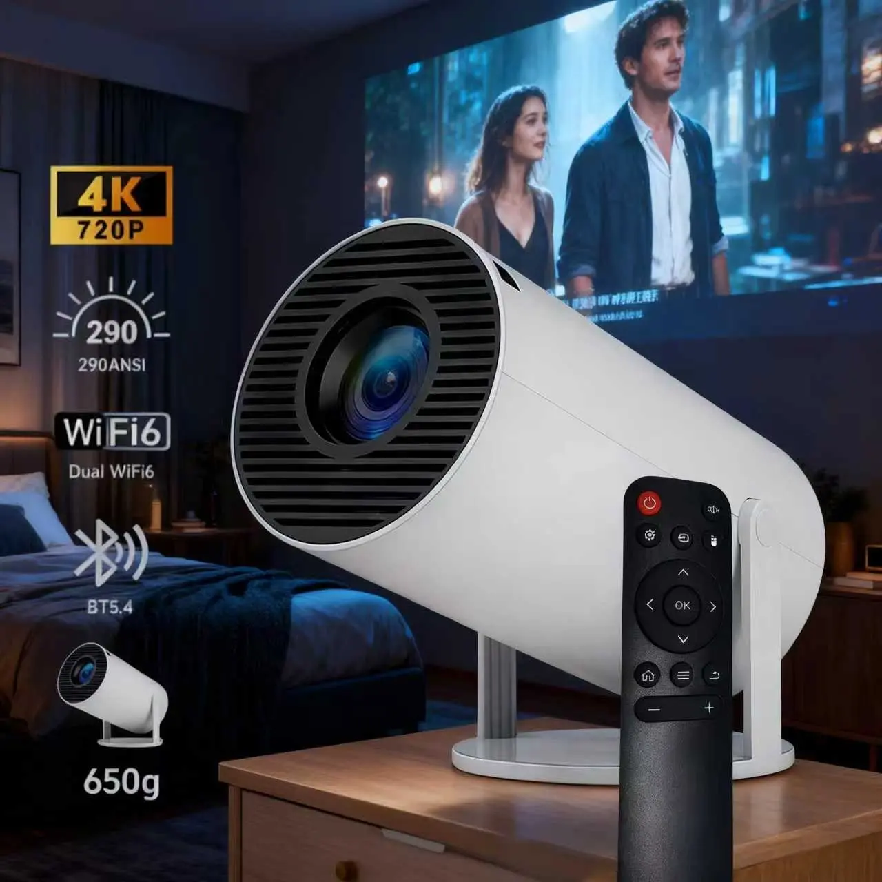 Mini Portable Wireless Android Smart Projector with 290 ANSI Lumen, 4K Decoding, 720P Display, Dual WiFi, BT5.4, Auto Keystone Correction, 130" Screen, Remote Control, Build-in Audio, 180° Rotatable, 650g, Home Cinema & Outdoor Use, Ideal Gift
