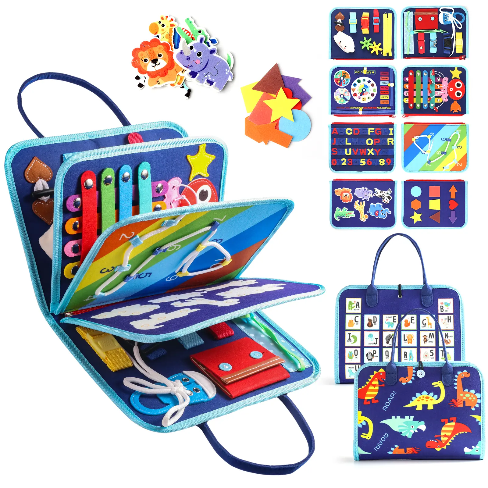 Montessori Toddler Dinosaur Sensory Busy Board - 1-Count Felt 8-Page Interactive Unisex Preschool Activity Board Panels with Zipper, Button, Jigsaw Puzzles, Calendar, Lace, Fine Motor Skill Tool, Kids/Toddler Toys, Sensory Products, Birthday Gift, Busy Bo