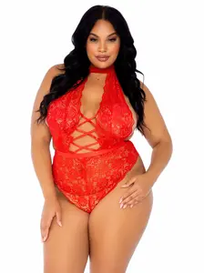 Leg Avenue Plus Insatiable Crotchless Floral Lace Lingiere Teddy Bodysuit with Strappy Lace up Detail