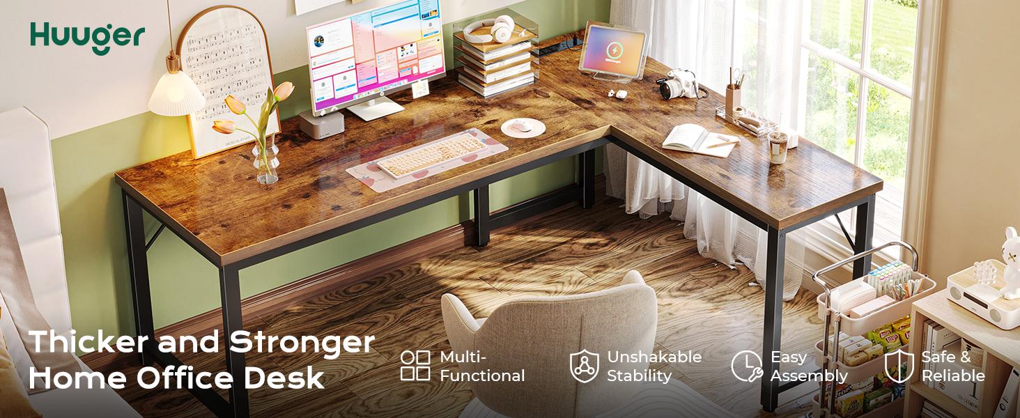 Huuger 63 Inch L Shaped Desk with Power Outlets and USB-C Port, 0.95 Inch Thicker Desktop, Reversible Computer Desk, Larger Office Corner Gaming Desk, for Home Office, Study Monitor Mount