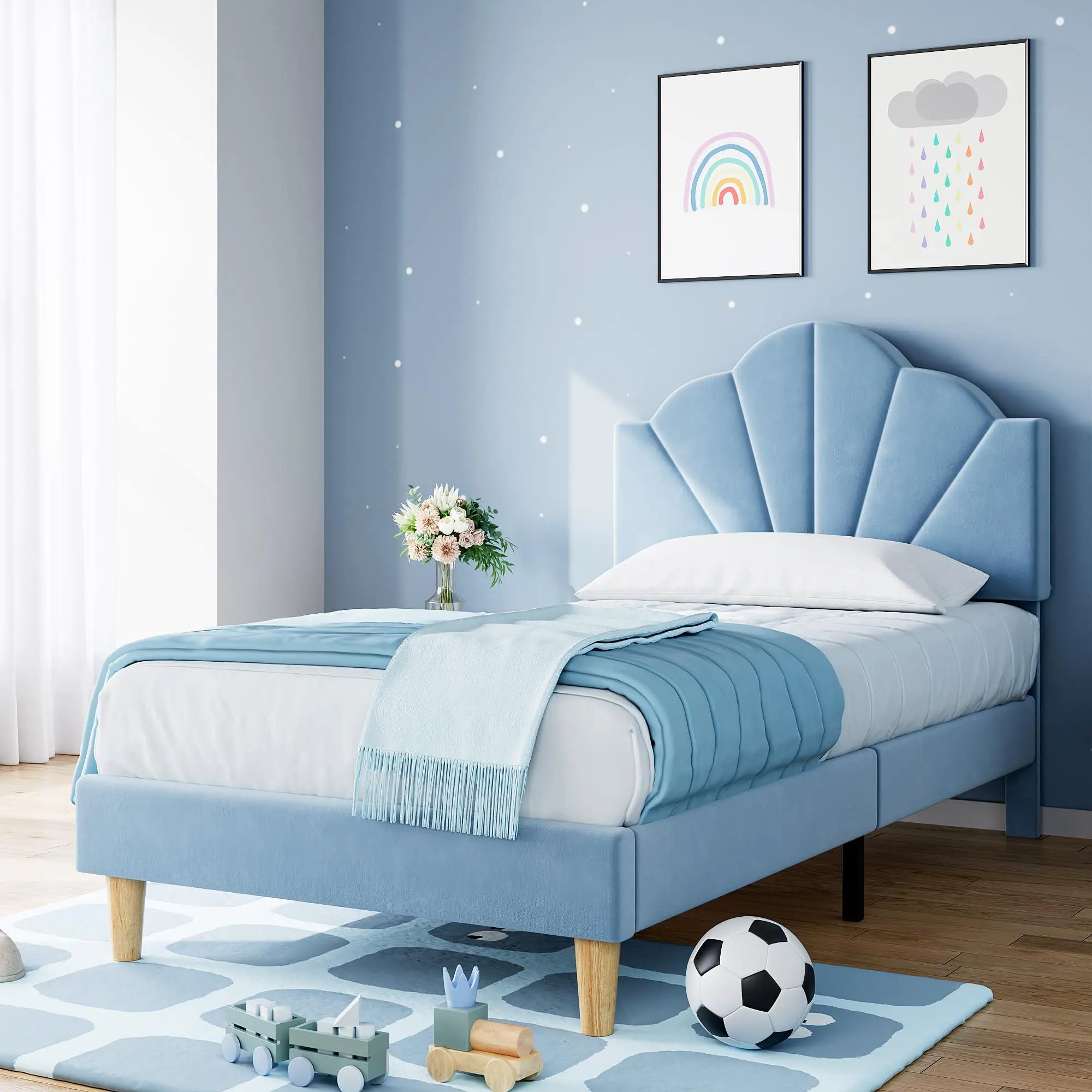 Elegant Upholstered Twin Blue Bed Frame with Shell-Shape Headboard, Velvet Finish, Adjustable Headboard, Sturdy Wood Slat Support, Noise-Free, No Box Spring Needed, Sturdy Construction, Quick Install, Single Person Use,sohochic