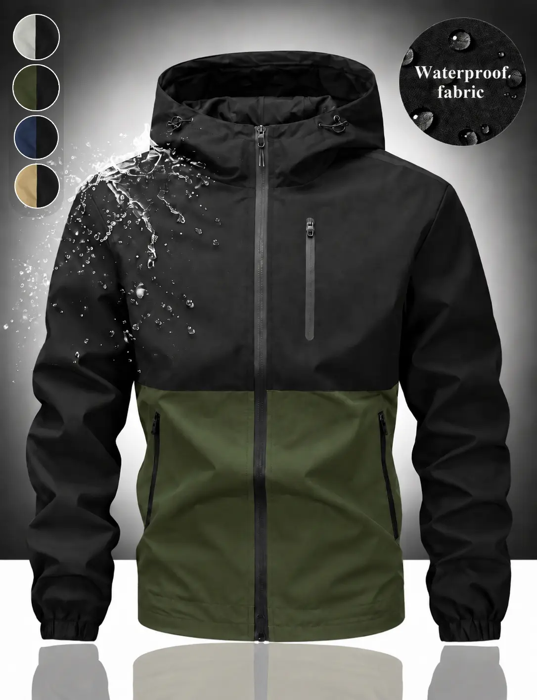 Men's Casual Fashion Loose-Fit Polyester Waterproof Coating Windbreaker - Color-Block Hooded, Full-Zip, Lightweight Outdoor Shell with Zipper Pockets, Adjustable Hood for Hiking, Daily Wear (Fall, Spring Rain Gear)