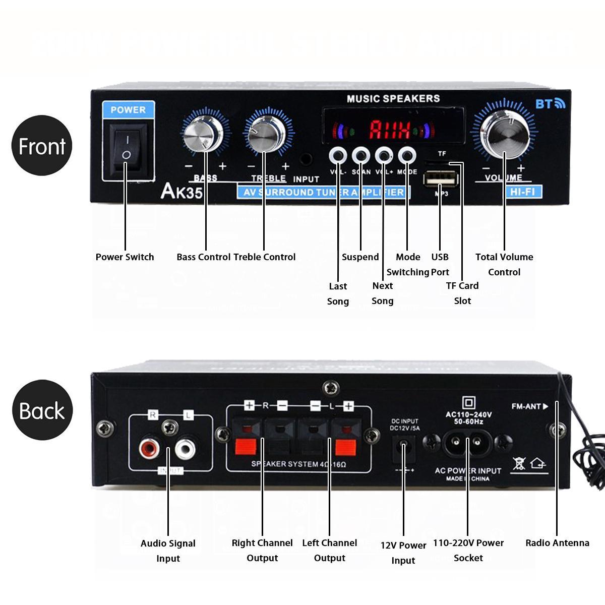 bluetooth Power Amplifier Receiver 800W Home Theater Pre-Amplifier Audio bluetooth Receiver with Wireless Remote Control, MP3/USB/SD/AUX/FM Radio
