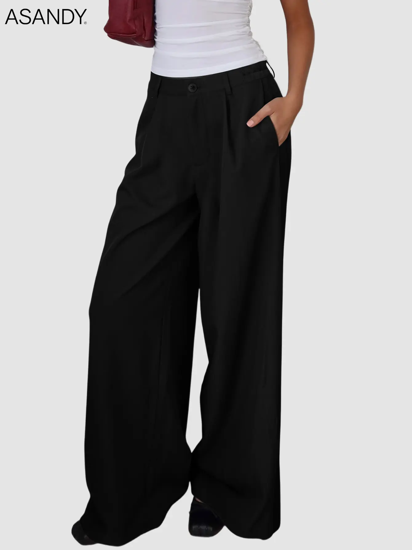 ASANDY Women's High-Waisted Pleated Lady Bottoms - Elegant Baggy Wide-Leg Tailored Fit Pants for Office, Everyday Streetwear - Stylish 1-Piece for Fashionable Elegance, Bottom, Baggy Wide Leg Pants, Effortless Pants