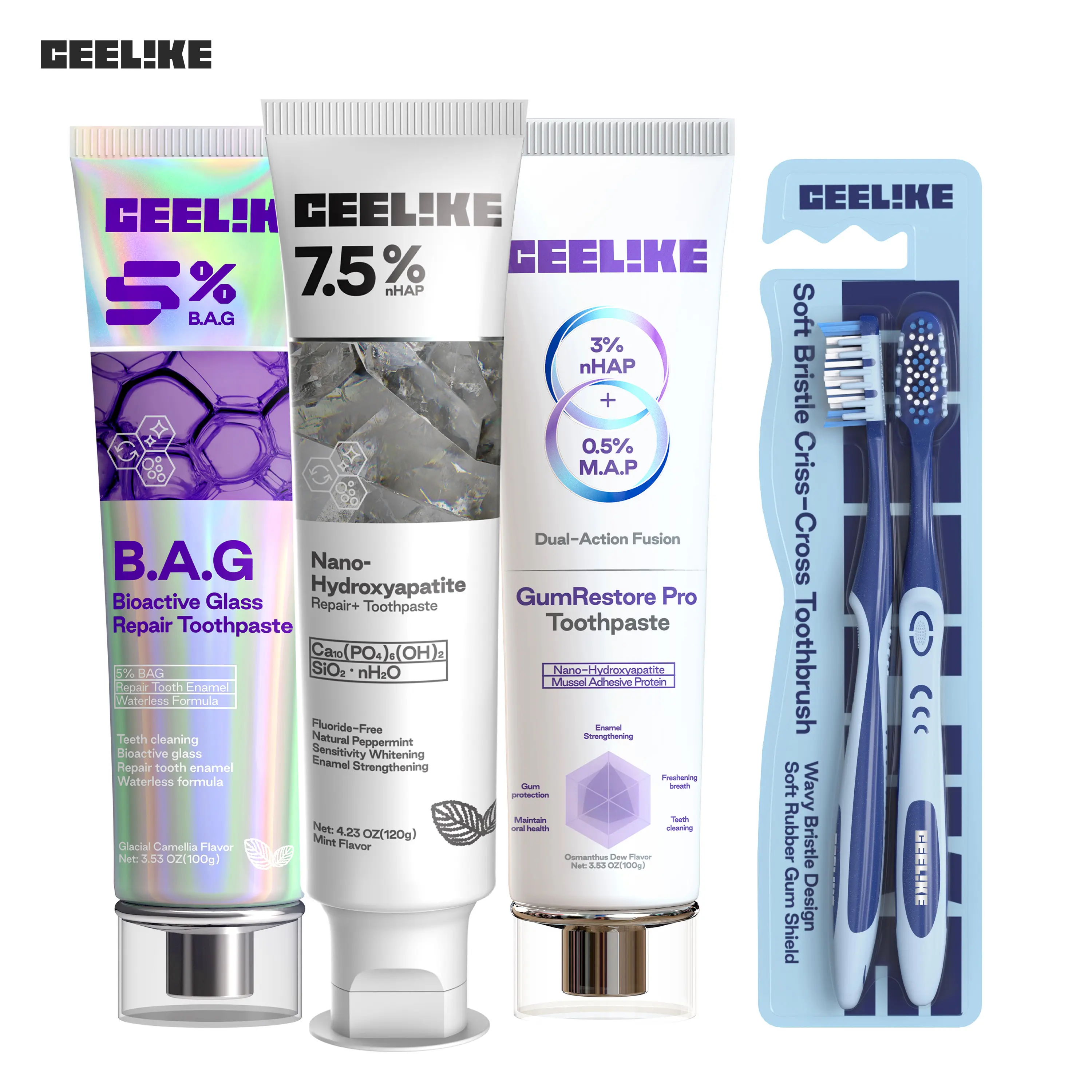 【live only】CEELIKE Effective cleaning set - 3 Toothpastes & 1 Soft Bristle Criss-Cross Toothbrush , Thorough oral cleaning and long-lasting fresh breath